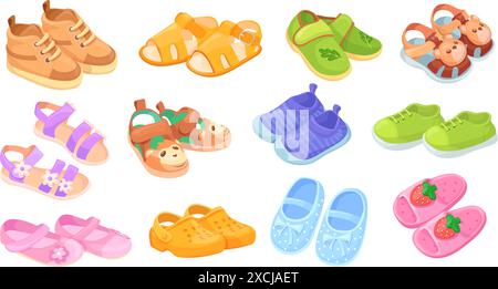 Cartoon-Babyschuhe. Niedliche Kinderschuhe, Kinder bunte Schuh Mode Sport Turnschuhe Sandalen neue Kollektion für kleines Mädchen oder Jungen, Kinder Casual Schuhe ordentliche Vektor Illustration von Schuh Cartoon Stock Vektor