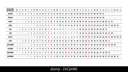 Wandkalender des Jahres 2025 mit ausgerichteten Daten, auf Französisch. Einseitige Zeitachse, linear und horizontal, Frankreich Stock Vektor