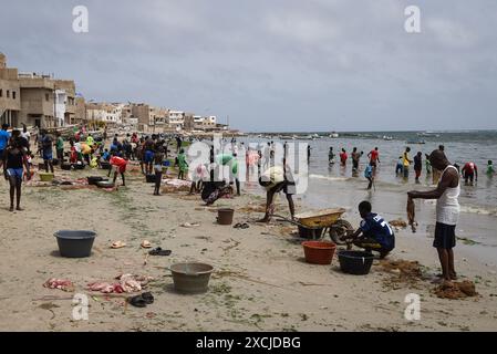 Dakar, Senegal. Juni 2024. Nicolas Remene/Le Pictorium - Tabaski-Tag in Dakar - 17.06/2024 - Senegal/Dakar - nach dem Gebet während der Tabaski-Feierlichkeiten (Aid al-Adha), und nachdem die Schafe geschlachtet und ausgeweidet wurden, kommen Familien aus dem beliebten Ngor-Viertel von Dakar, um die Eingeweide am Strand oder im Meer zu waschen und zu leeren, am 17. Juni 2024. Quelle: LE PICTORIUM/Alamy Live News Stockfoto