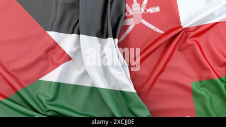 Textur der Flagge von Palästina, die mit dem Sultanat der Flagge von Oman verschmilzt. 3D-Rendering Stockfoto