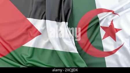 Palästinensische und algerische Flaggen symbolisieren die Beziehungen zwischen palästina und algerien. 3D-Rendering Stockfoto