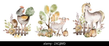 Aquarellillustration von Nutztieren. Zeichentrickpferd, Lamm und Hahn auf weißem Hintergrund. Vieh handgezeichnet für eine Kinderkarte. Stockfoto