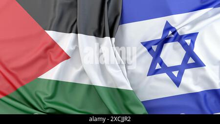 3D-Abbildung einer palästinensischen Flagge, die neben einer israelischen Flagge liegt. 3D-Rendering Stockfoto