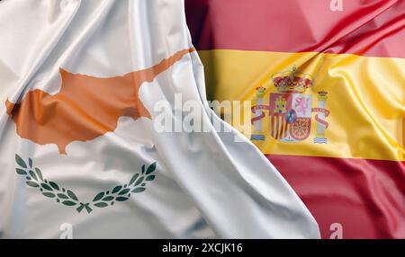 Wehende Flaggen Spaniens und Zyperns schaffen einen eleganten Seidenhintergrund. 3D-Rendering Stockfoto