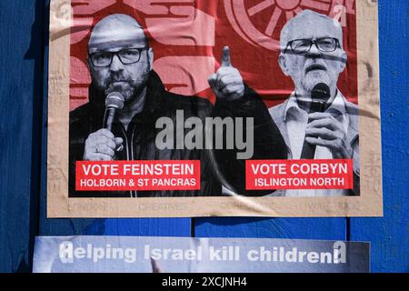 Finsbury Park, London, Großbritannien. Juni 2024. Die britischen Parlamentswahlen am 4. Juli: Plakate für Jeremy Corbyn als unabhängiger Kandidat. Quelle: Matthew Chattle/Alamy Live News Stockfoto