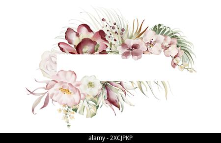 Aquarellrahmen mit tropischen Blumen und Pflanzen. Blumenhintergrund von Rosen und Pfingstrosen. Hochzeitsschablone für Karte. Rosafarbene Blumen exotische Komposition. Stockfoto