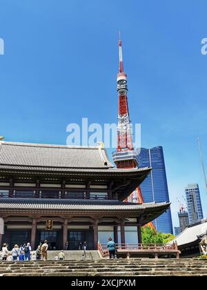 Der Friedhof hinter der Großen Halle in Zojoji, wo Tokugawa-Shogune begraben wurden. Tokio Tower im Hintergrund, Tokio, Japan. Stockfoto