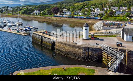 Caledonian Canal Lock am Corpach Basin am Loch Linnhe mit vertäuten Booten, einem kleinen weißen Leuchtturm und einem vorbeifahrenden blauen ScotRail Zug Stockfoto