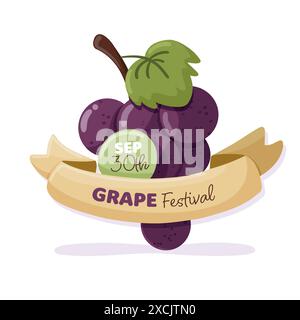 Traubenfestbanner mit einem Haufen lila Trauben und einem Band Stock Vektor