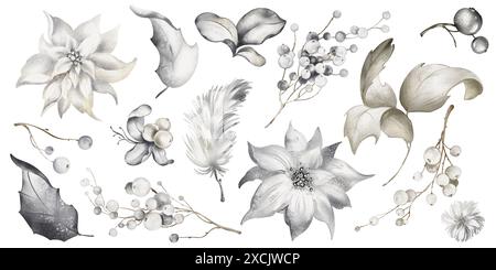 Aquarellset mit Pflanzen und Beeren. Clipart der Blumenelemente des Neujahrs auf weißem Hintergrund. Weihnachtsdekoration von Beeren Stockfoto