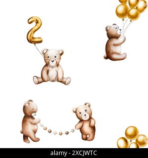 Nahtloses Muster mit niedlichen Cartoon-Teddybären mit goldenen Folienballons an einem String, Geburtstagskranz aus braunen und beigen Fahnen. Handgezeichnetes Wasserkolo Stockfoto