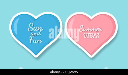 Herzen mit Sommerinschriften auf blauem Hintergrund. Aufkleber mit farbigen Herzen mit Schatten. Stock Vektor
