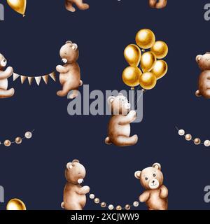 Nahtloses Muster mit niedlichen Cartoon-Teddybären mit goldenen Folienballons an einem String, Geburtstagskranz aus braunen und beigen Fahnen. Handgezeichnetes Wasserkolo Stockfoto