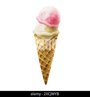 Schaufeln mit Vanille und Erdbeere, Himbeereis in knusprigen Waffelkegel. Handmalerei süße Aquarellillustration isoliert auf Hintergrund. Für d Stockfoto