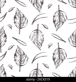 Gelbe Herbstbirkenblätter mit Kiefernnadeln. Grafische Abbildung, handgezeichnet mit brauner Tinte, Strichgrafik monochrom. Nahtloses Muster, einfach auf dem Stock Vektor