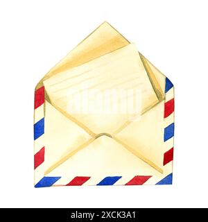 Ein offener Umschlag mit einem handgemalten Buchstaben in Aquarell, isoliert auf weißem Hintergrund. Eine Illustration eines Briefes aus handbemalter Kraft Stockfoto