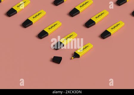 Isometrisches Muster des gelben Textmarkers. 3D-Abbildung. Stockfoto