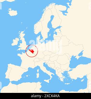 Locator-Karte, die den Standort des Landes Belgien in Europa zeigt. Das Land wird durch ein rotes Polygon hervorgehoben. Kleine Länder sind ebenfalls mit gekennzeichnet Stockfoto