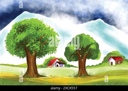 Wunderschöne Landschaft und Architektur, die Baumdesign malte Stock Vektor