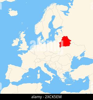 Locator-Karte, die den Standort des Landes Weißrussland in Europa zeigt. Das Land wird durch ein rotes Polygon hervorgehoben. Kleine Länder sind ebenfalls mit gekennzeichnet Stockfoto