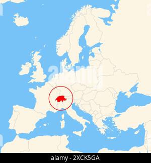 Locator-Karte mit dem Standort des Landes Schweiz in Europa. Das Land wird durch ein rotes Polygon hervorgehoben. Kleine Länder sind ebenfalls gekennzeichnet Stockfoto