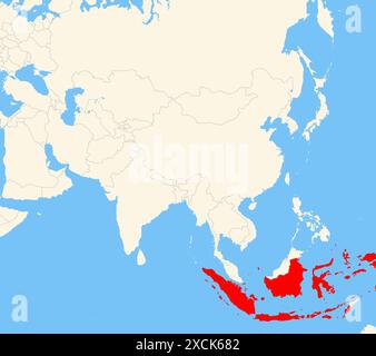 Locator-Karte mit dem Standort des Landes Indonesien in Asien. Das Land wird durch ein rotes Polygon hervorgehoben. Kleine Länder sind ebenfalls mit gekennzeichnet Stockfoto
