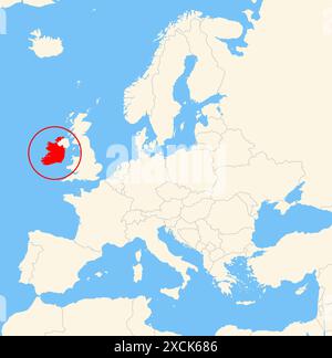 Locator-Karte, die den Standort des Landes Irland in Europa zeigt. Das Land wird durch ein rotes Polygon hervorgehoben. Kleine Länder sind ebenfalls mit gekennzeichnet Stockfoto