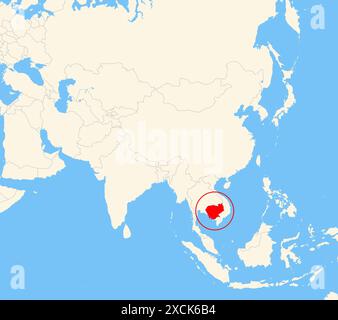 Locator-Karte, die den Standort des Landes Kambodscha in Asien zeigt. Das Land wird durch ein rotes Polygon hervorgehoben. Kleine Länder sind ebenfalls mit gekennzeichnet Stockfoto