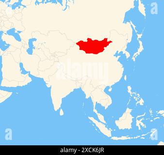 Locator-Karte, die den Standort des Landes Mongolei in Asien zeigt. Das Land wird durch ein rotes Polygon hervorgehoben. Kleine Länder sind ebenfalls mit gekennzeichnet Stockfoto