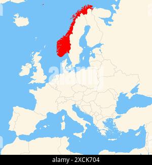 Locator-Karte, die den Standort des Landes Norwegen in Europa zeigt. Das Land wird durch ein rotes Polygon hervorgehoben. Kleine Länder sind ebenfalls mit gekennzeichnet Stockfoto