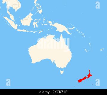 Locator-Karte, die den Standort des Landes Neuseeland in Australien zeigt. Das Land wird durch ein rotes Polygon hervorgehoben. Kleine Länder sind ebenfalls ein Zeichen Stockfoto