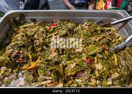 Detroit, Michigan – Eine Pfanne geräucherter putenkohlensäubchen beim Collard Green Cook-Off, einem Wettbewerb für die besten Köche in Detroit Stockfoto