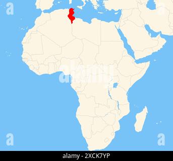 Locator-Karte, die den Standort des Landes Tunesien in Afrika zeigt. Das Land wird durch ein rotes Polygon hervorgehoben. Kleine Länder sind ebenfalls mit gekennzeichnet Stockfoto