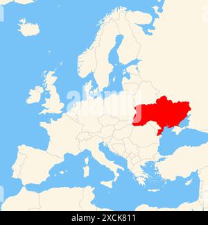 Locator-Karte, die den Standort des Landes Ukraine in Europa zeigt. Das Land wird durch ein rotes Polygon hervorgehoben. Kleine Länder sind ebenfalls mit gekennzeichnet Stockfoto