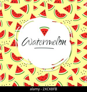 Realistische Wassermelonenscheiben mit Samen auf gelbem Hintergrund. Stock Vektor