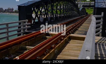 Nahaufnahme der Metallkonstruktion des neu restaurierten Barmouth Viadukts durch die Mawddach Mündung in Gwynedd Mid-Wales Stockfoto