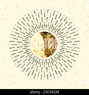 Vintage Grunge Sunburst Sonnenstrahlen. Goldfolie, glänzende handgemachte Kreise. Goldene, glitzernde Textur, Muster. Handgezeichnet, platzende Sonne, Lichtstrahlen Stock Vektor