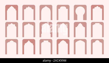Minimalistische arabische Fensterformen. Marokkanischer Bogen, Silhouetten des Eingangs. Vektor einfache beige offene Bögen für Karte. Stock Vektor