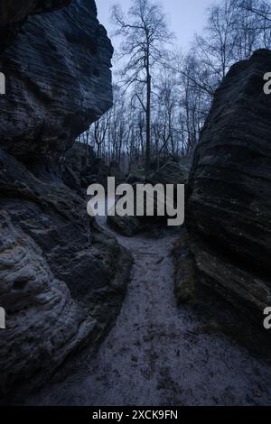 Düsterer und total stimmungsvoller Pfad verloren in den nebeligen Felsen mit der besten dunklen und mystischen Atmosphäre im Norden Böhmens. Stockfoto