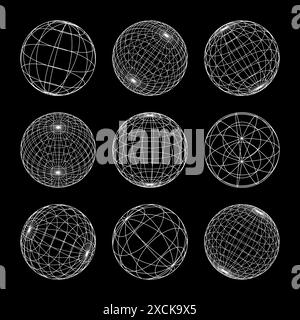 Drahtmodellformen, gefütterte Kugel. Perspektivisches Netz, 3D-Raster. Geometrische Elemente mit niedrigem Poly. Futuristische Retro-Designelemente, y2k, Vaporwave und Synthwave Stock Vektor