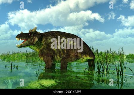 Estemmenosuchus uralensis war ein allesfressenes Therapietier, das in der permischen Zeit Russlands lebte. Stockfoto