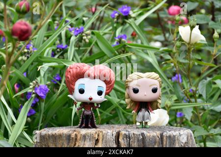 Funko Pop Actionfiguren von Red Queen und Alice im Wunderland aus Tim Burton Film. Blaue, rote und weiße Blumen, fabelhafter Garten, Holzstumpf. Stockfoto