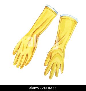Gelbe dicke Gummihandschuhe für Reinigungsaufgaben. Aquarellabbildung von Schutzhandbekleidung. Clipart für Hausreinigung, Hausmeisterservice, Flyer, Frühjahrsputz und Plakate Stockfoto