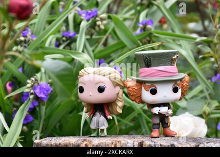 Funko Pop Actionfiguren von Mad Hatter und Alice im Wunderland aus dem beliebten Tim Burton Fantasy-Film. Blumen, fabelhafter Garten, Holzstumpf. Stockfoto