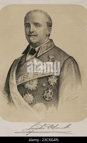 Leopoldo O'Donnell (1809-1867). Spanisches Militär und Politiker. Präsident der spanischen Regierung bei mehreren Anlässen nach dem progressiven Zweijahreszeitraum von Espartero (1854–1856). Hochformat. Zeichnung von José Cuevas. Lithographie. Historia de la guerra Civil y de los partidos liberal y carlista (Geschichte des Bürgerkriegs und der liberalen und karlistischen Parteien), von Antonio Pirala. Band IV. Madrid, 1869. Stockfoto