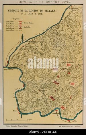 Geschichte Spaniens. Erster Karlistenkrieg (1833–1840). Skizze der Schlacht der Bürgermeister. Sie fand am 10. April 1834 in der Umgebung des Dorfes Mayals (Maials) statt. Die karlistischen Truppen von General Manuel Carnicer wurden von der liberalen Armee besiegt, die aus den Kolonnen unter dem Kommando der Generäle Josep Carratalà (Kommandeur von Tarragona) und Manuel Bretón (Kommandeur von Tortosa) bestand. Historia de la guerra Civil y de los partidos liberal y carlista (Geschichte des Bürgerkriegs und der liberalen und karlistischen Parteien), von Antonio Pirala. Band I. Madrid, 1889. Stockfoto
