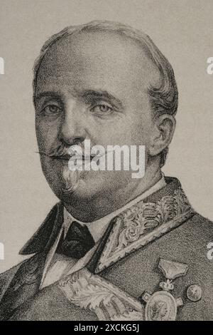 Leopoldo O'Donnell (1809-1867). Spanisches Militär und Politiker. Präsident der spanischen Regierung bei mehreren Anlässen nach dem progressiven Zweijahreszeitraum von Espartero (1854–1856). Hochformat. Zeichnung von José Cuevas. Lithographie. Details. Historia de la guerra Civil y de los partidos liberal y carlista (Geschichte des Bürgerkriegs und der liberalen und karlistischen Parteien), von Antonio Pirala. Band IV. Madrid, 1869. Stockfoto