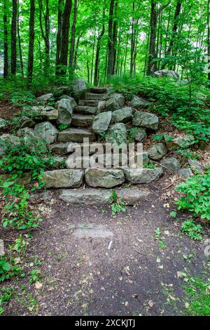 Eine Treppe aus Felsen im Rib Mountain State Park und im Skigebiet Granite Peak in Wausau, Wisconsin, vertikal Stockfoto