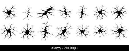 Bodenrisse, Brüche auf der Landoberfläche. Vektorrealistischer Satz von Spalten im Boden, Spalten von Katastrophen oder Dürren, schwarze Brüche von oben. Stock Vektor
