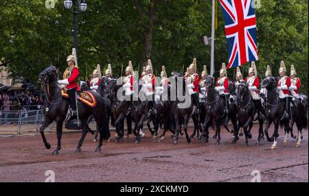 Ein Offizier mit Schwert auf dem Pferd, führende Rettungsschwimmer, Souveräns Escort Trooping the Colour Color the Mall London 2024 Stockfoto